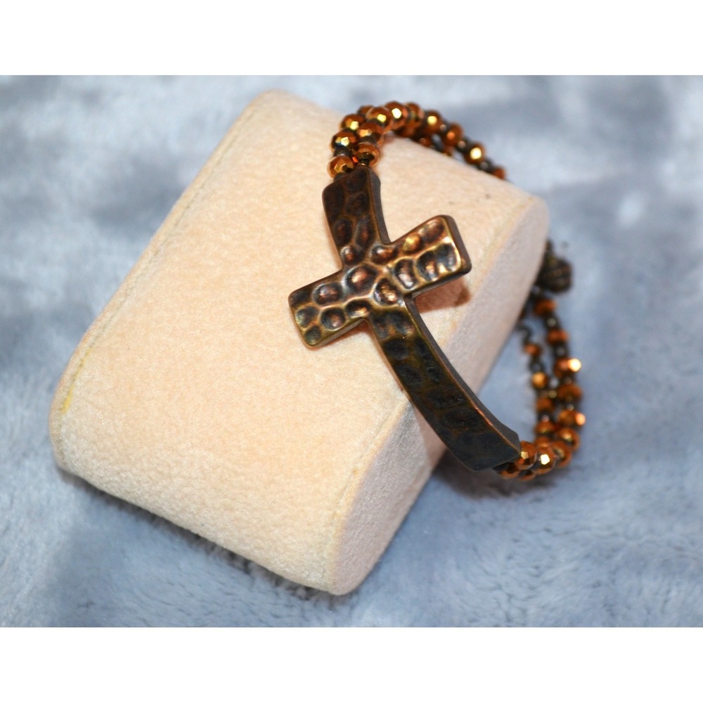Vintage Wire Wrap Beaded Cuff Bracelet Hammered‎ Cross Multi-colored Beads